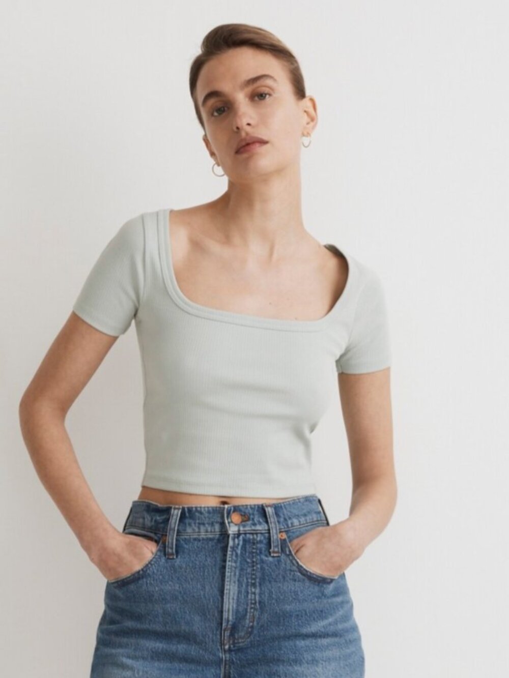 NWT! Madewell Square-Neck Crop Tee in Sleekhold, Sage mist green, Sz L